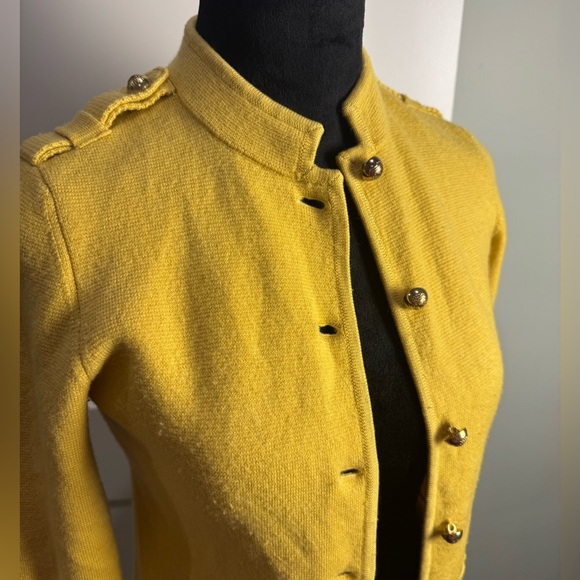 Talbots 100% Pure Merino Wool Knit Cardigan Sweater Yellow military style - Picture 2 of 9